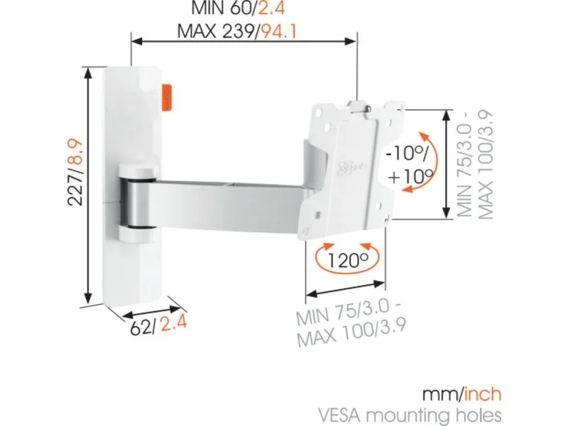 Vogel's WALL 2025 Наклонно-поворотный (нога) кронштейн для размера 17-26" белый