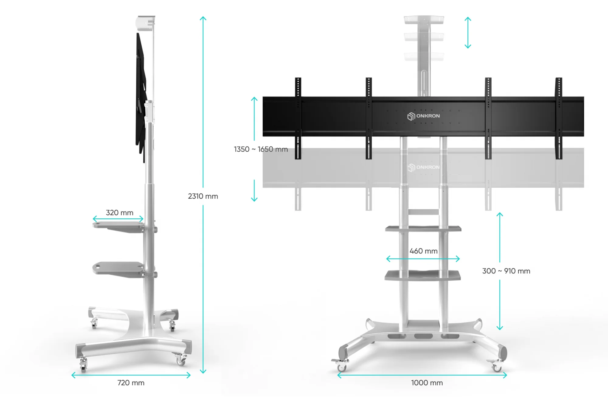 Мобильная стойка ONKRON для двух телевизоров с кронштейном 40"-65", белая TS1881DV