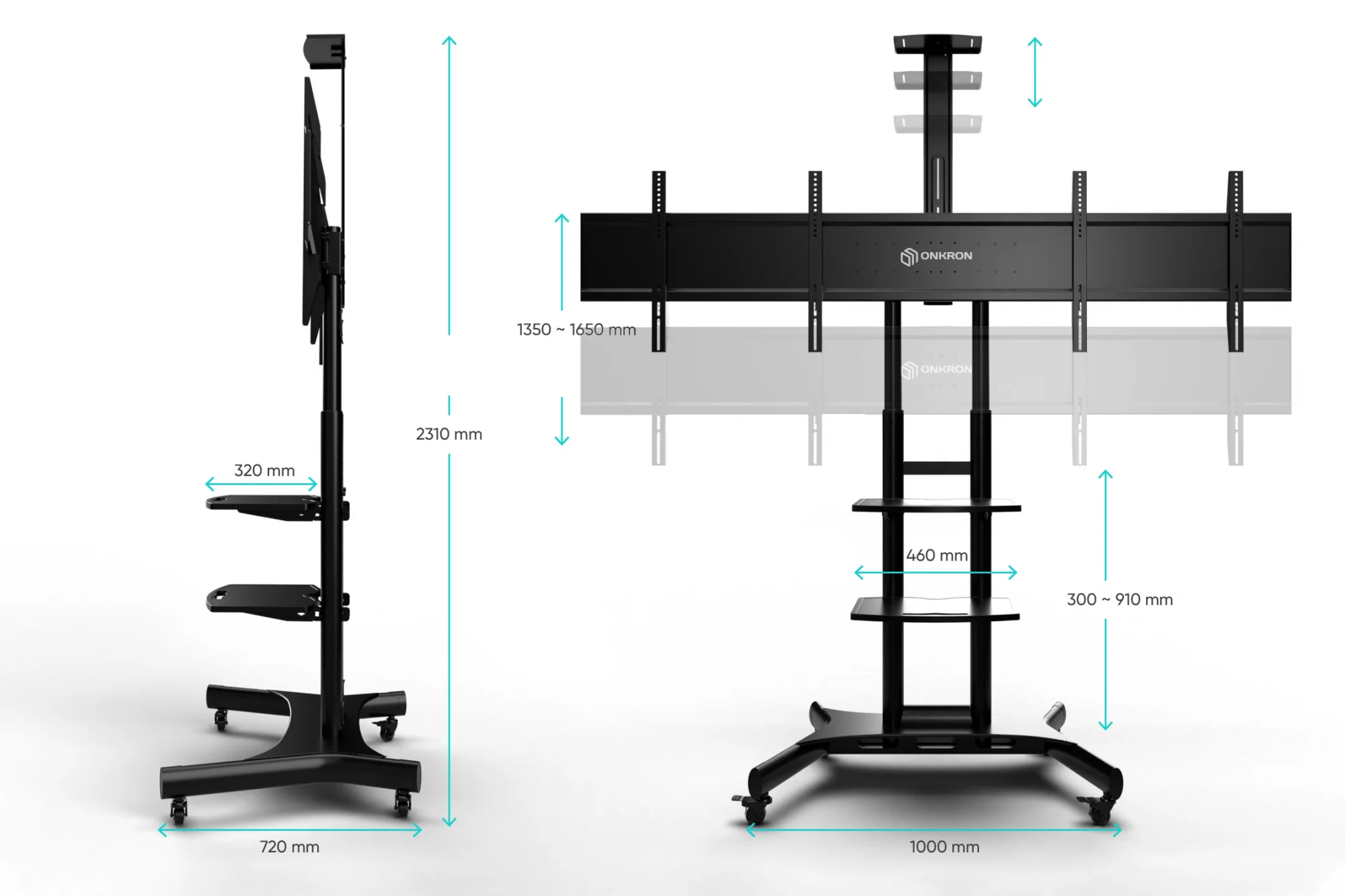 Мобильная стойка ONKRON для двух телевизоров с кронштейном 40"-65", чёрная TS1881DV